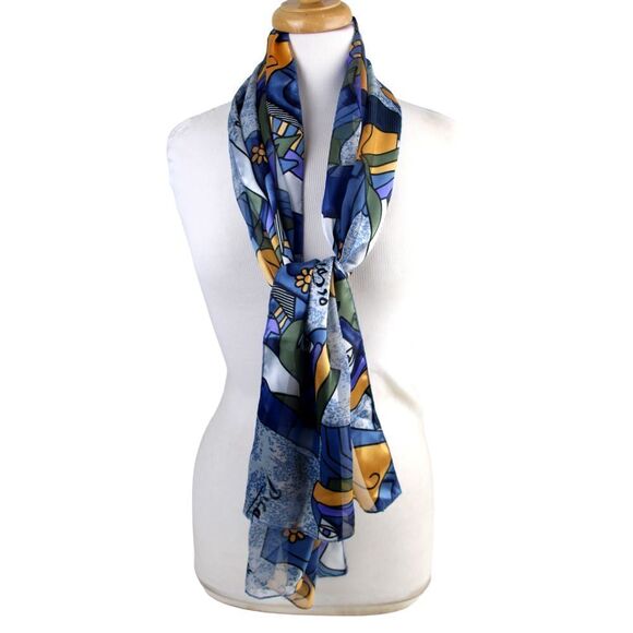 13.5"x60" Picasso BLUE MULTICOLOR POLYESTER HANDROLLED SCARF SHAWL WRAP (B46 - Picture 4 of 8